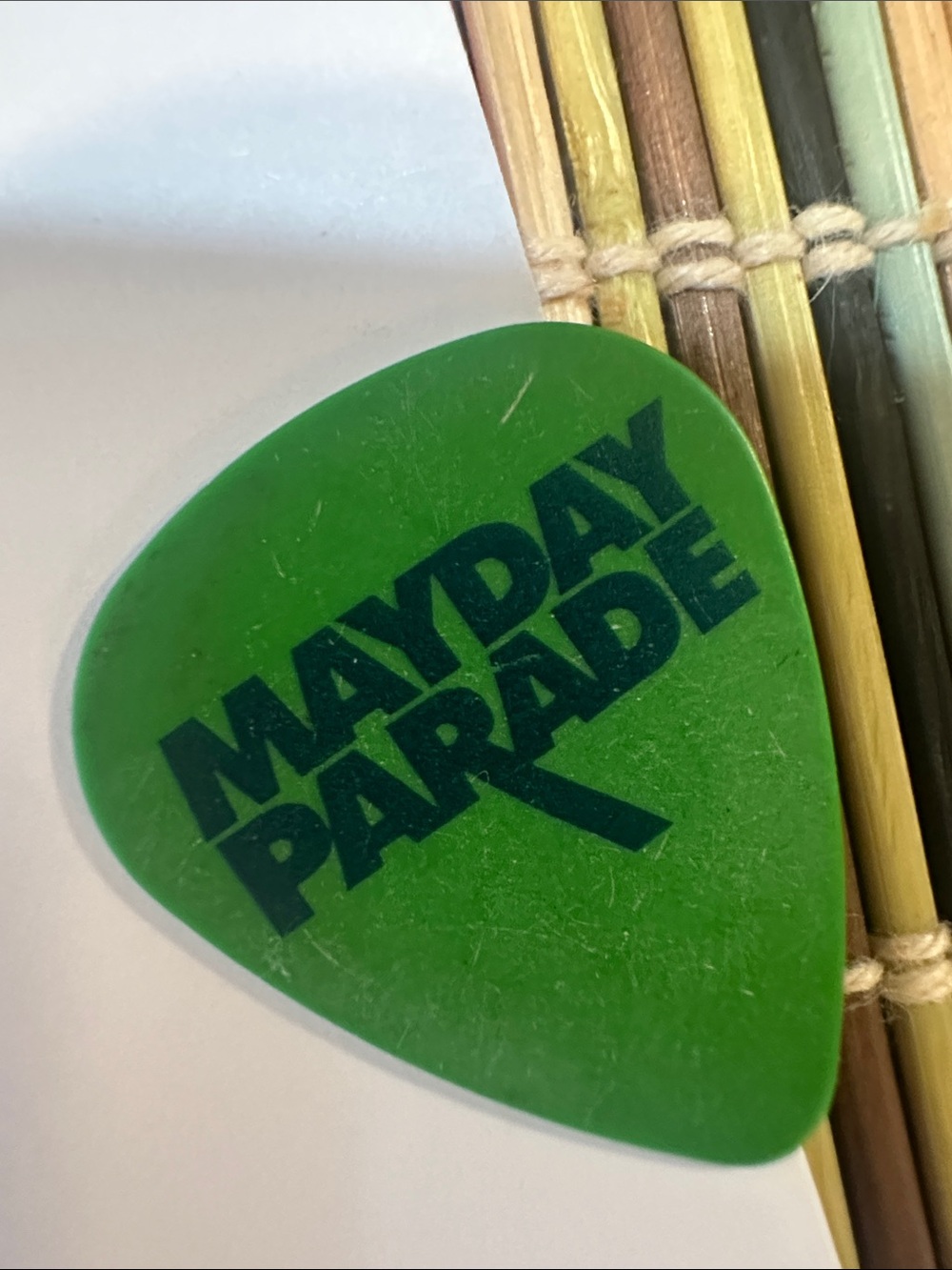 Mayday Parade Brett Brooks Printed AutographGreen Guitar Pick - Branded Logo Pic